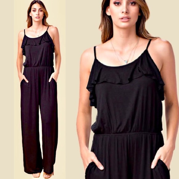 Modern Owl Boutique Pants - "Love" Black Ruffle Jumpsuit
